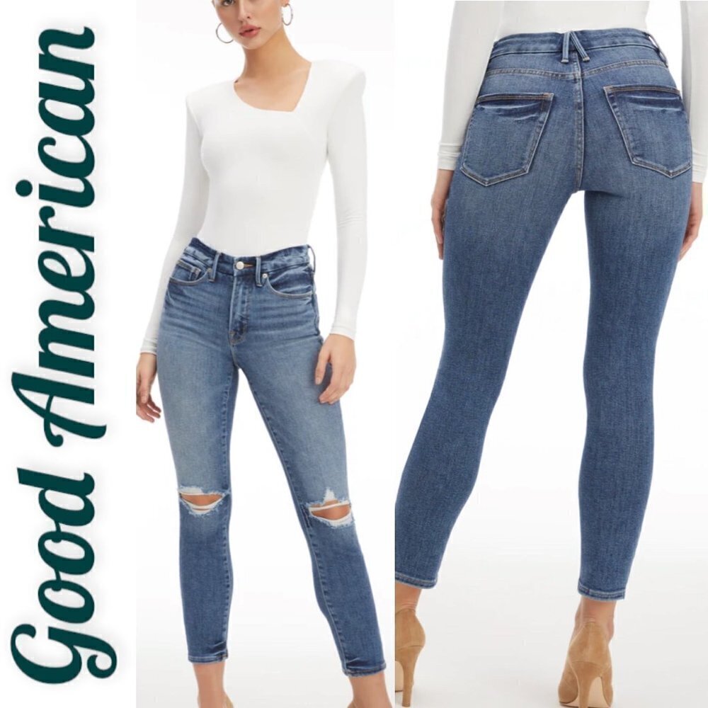 GOOD AMERICAN Good Legs Cigarette High Rise Busted Knee Distressed Jeans, Size 4